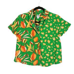 Tabitha Brown Target Linen Blend Button Up Top Small Green Citrus Botanical